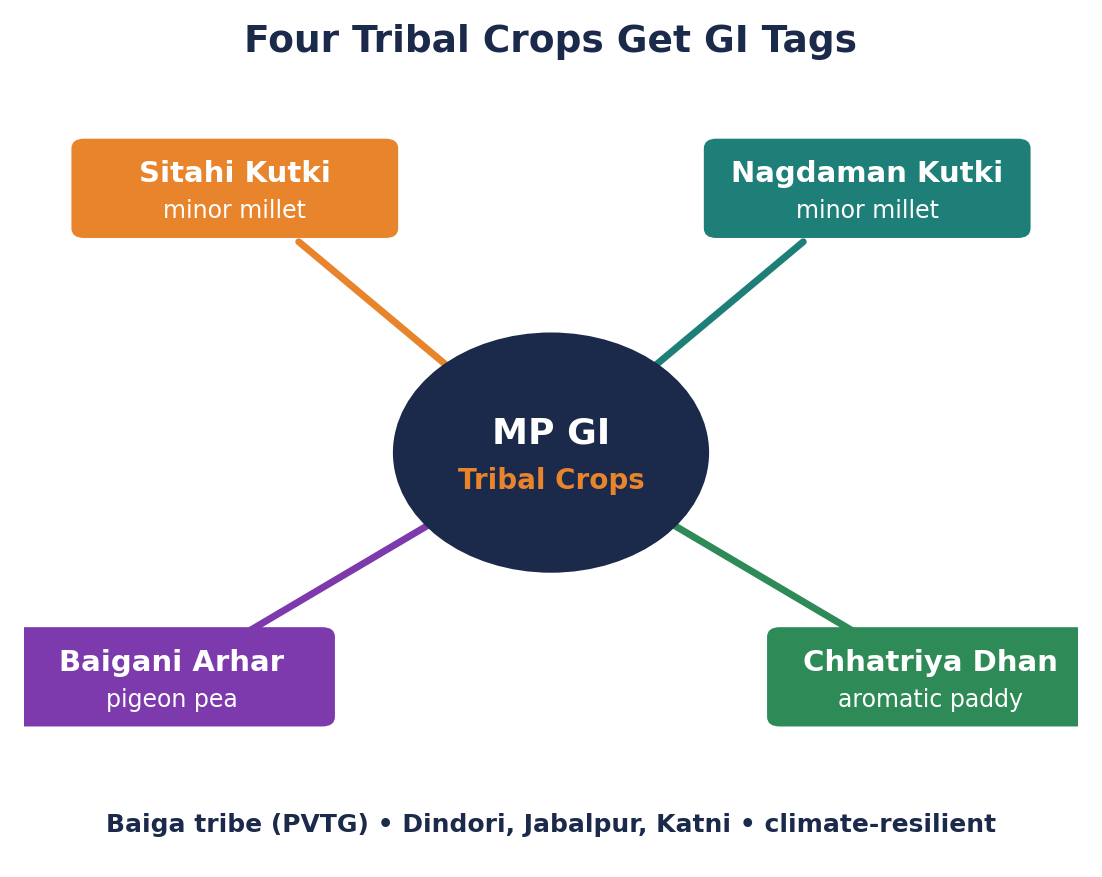 GI टैग पाने वाली मध्य प्रदेश की चार जनजातीय फसलों का माइंड-मैप: सिताही कुटकी, नागदमन कुटकी, बैगानी अरहर और छत्रिया धान, डिंडौरी की बैगा जनजाति से जुड़ी।