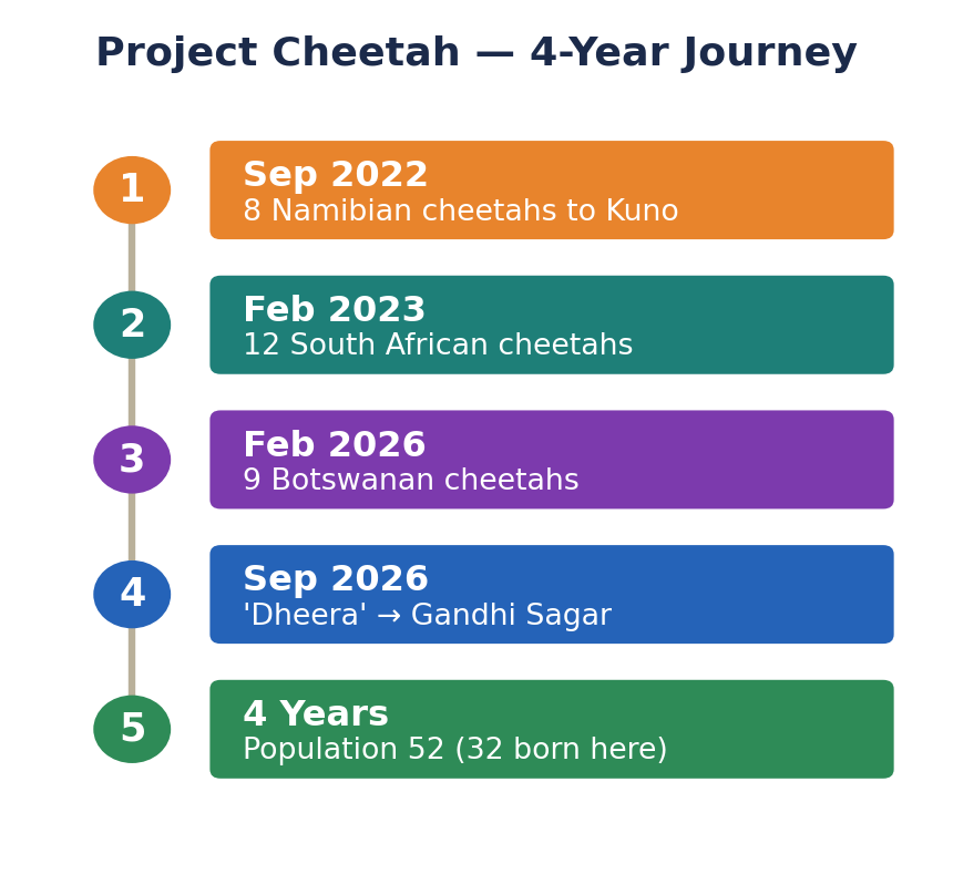 2022 से 2026 के 4-वर्षीय पड़ाव तक प्रोजेक्ट चीता की ऊर्ध्वाधर समयरेखा।