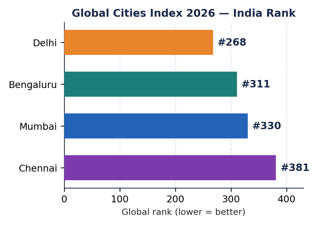 Horizontal bar chart of global rank of top Indian cities: Delhi 268, Bengaluru 311, Mumbai 330, Chennai 381.