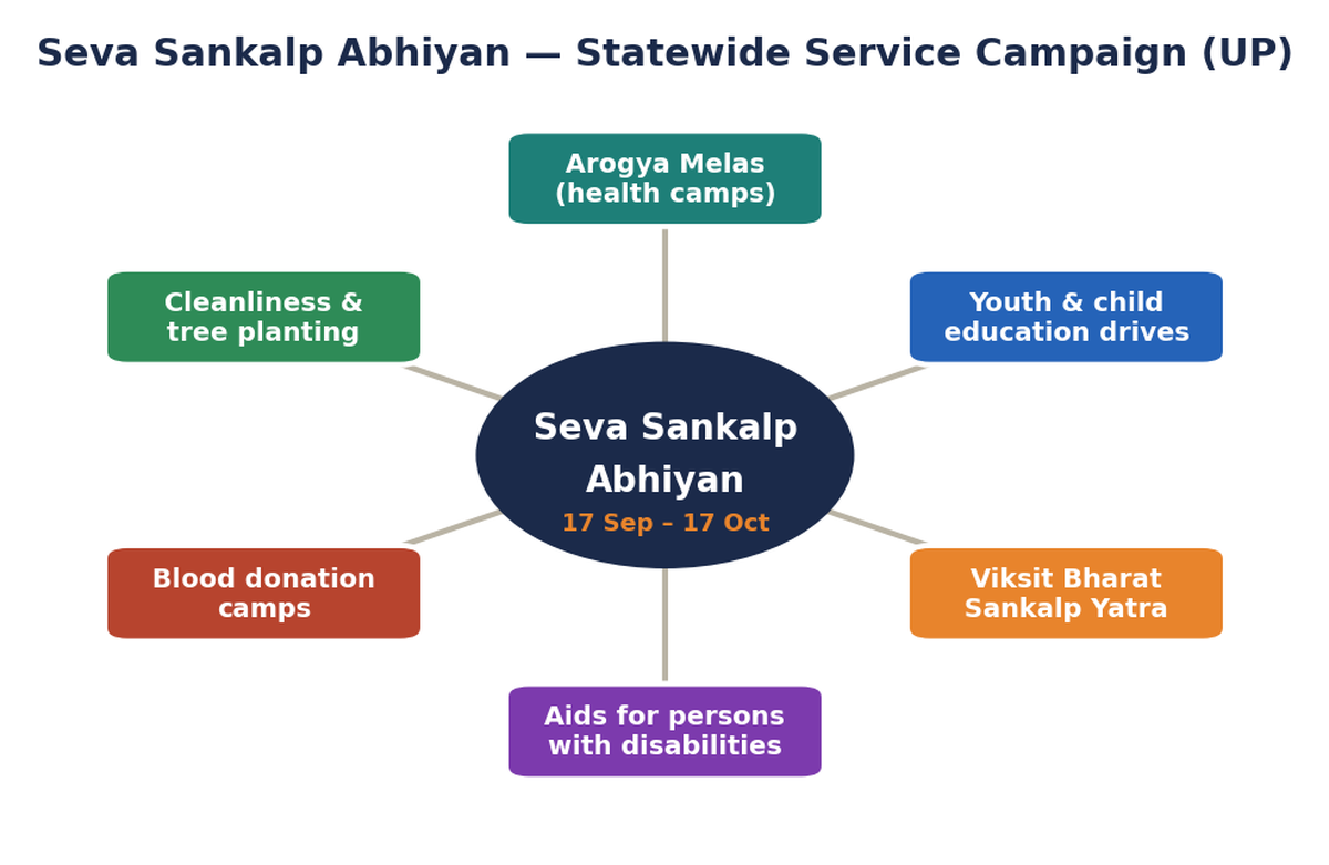 सेवा संकल्प अभियान की गतिविधियों का माइंड मैप: स्वास्थ्य शिविर, स्वच्छता एवं वृक्षारोपण, रक्तदान, दिव्यांगजन सहायता, विकसित भारत संकल्प यात्रा और युवा शिक्षा।