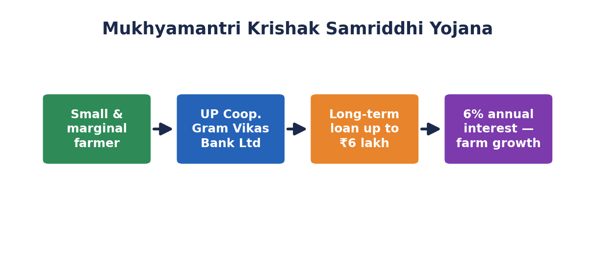 Flowchart tracing the Krishak Samriddhi Yojana from a small farmer through the cooperative bank to a ₹6 lakh loan at 6% interest.