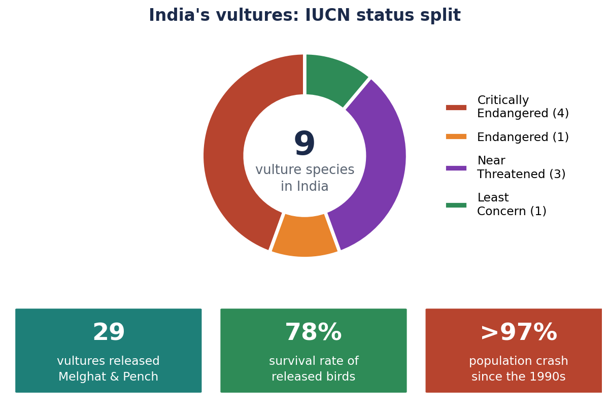 भारत की नौ गिद्ध प्रजातियों की IUCN स्थिति का डोनट चार्ट — चार गंभीर रूप से संकटग्रस्त, एक संकटग्रस्त, तीन संकट-निकट और एक कम चिंतनीय — साथ में 29 गिद्ध छोड़े जाने, 78% जीवित रहने की दर और 97% से अधिक की आबादी गिरावट के आँकड़े।