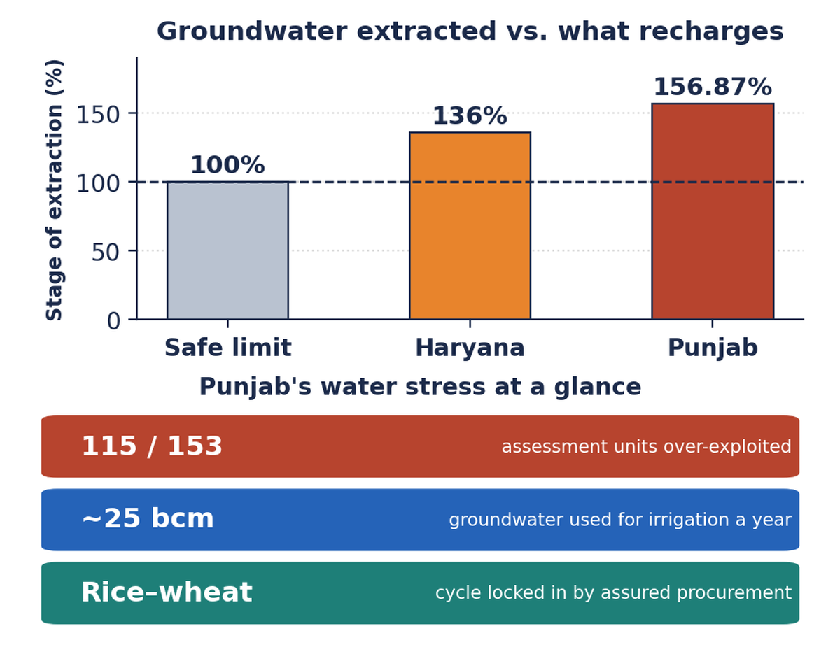 Bar chart comparing the safe 100 percent extraction limit with Haryana at 136 percent and Punjab at 156.87 percent, plus stat tiles on over-exploited units and irrigation water use.