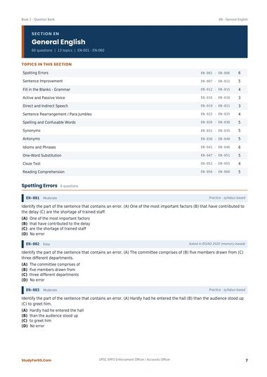UPSC EPFO EO/AO - Question Bank - General English section, questions EN-001 onwards